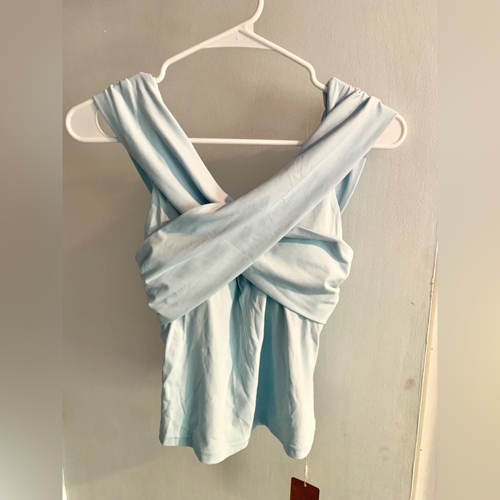 Criss Cross Off Shoulder New Airy Brami Top - Sky Glass Blue